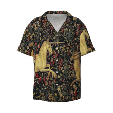 (Medieval Unicorn Midnight Floral Tapestry_10847) Men's Hawaiian Shirts Cuban Collar Vintage Bowling Short Sleeve Button Down Beach Shirt Casual Summer Vacation Wear Retro Tee