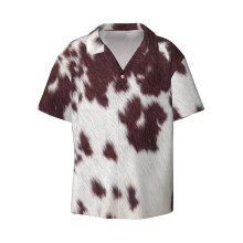 (Dark Cow Print, Brown Cow Design, Realistic_9156) Men's Hawaiian Shirts Cuban Collar Vintage Bowling Short Sleeve Button Down Beach Shirt Casual Summer Vacation Wear Retro Tee