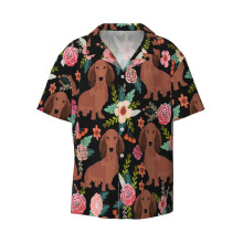 (Dachshund Dogs With Flowers_5058) Men's Hawaiian Shirts Cuban Collar Vintage Bowling Short Sleeve Button Down Beach Shirt Casual Summer Vacation Wear Retro Tee