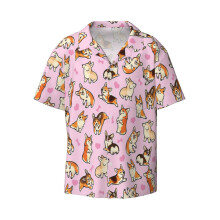 (Lovey Corgis In Pink_7024) Men's Hawaiian Shirts Cuban Collar Vintage Bowling Short Sleeve Button Down Beach Shirt Casual Summer Vacation Wear Retro Tee