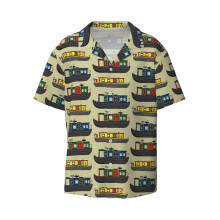 (Colourful Canal Narrowboats And Cormorants_4308) Men's Hawaiian Shirts Cuban Collar Vintage Bowling Short Sleeve Button Down Beach Shirt Casual Summer Vacation Wear Retro Tee
