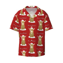 (Scottish Highland Cow, Moo-rry Christmas Wee Hamish_22333) Men's Hawaiian Shirts Cuban Collar Vintage Bowling Short Sleeve Button Down Beach Shirt Casual Summer Vacation Wear Retro Tee
