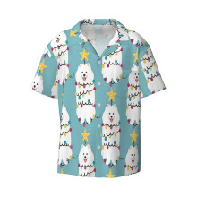 (Samoyed Christmas Tree_22363) Men's Hawaiian Shirts Cuban Collar Vintage Bowling Short Sleeve Button Down Beach Shirt Casual Summer Vacation Wear Retro Tee