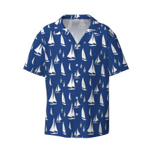 (Sailboats, White On Blue_9669) Men's Hawaiian Shirts Cuban Collar Vintage Bowling Short Sleeve Button Down Beach Shirt Casual Summer Vacation Wear Retro Tee