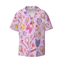 (Sakura Card Captor - Pink_8222) Men's Hawaiian Shirts Cuban Collar Vintage Bowling Short Sleeve Button Down Beach Shirt Casual Summer Vacation Wear Retro Tee