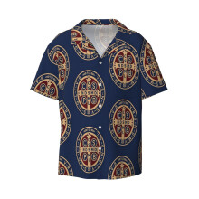 (Saint Benedict Medal_12319) Men's Hawaiian Shirts Cuban Collar Vintage Bowling Short Sleeve Button Down Beach Shirt Casual Summer Vacation Wear Retro Tee