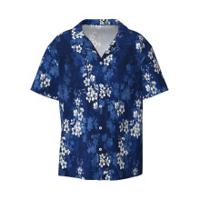 (Sakura Blossom In Deep Blue_11871) Men's Hawaiian Shirts Cuban Collar Vintage Bowling Short Sleeve Button Down Beach Shirt Casual Summer Vacation Wear Retro Tee