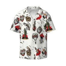 (Pony_8892) Men's Hawaiian Shirts Cuban Collar Vintage Bowling Short Sleeve Button Down Beach Shirt Casual Summer Vacation Wear Retro Tee
