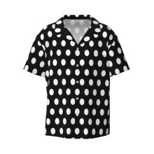 (Polkadots Black And White_4794) Men's Hawaiian Shirts Cuban Collar Vintage Bowling Short Sleeve Button Down Beach Shirt Casual Summer Vacation Wear Retro Tee