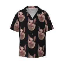 (Polite Kitty_10074) Men's Hawaiian Shirts Cuban Collar Vintage Bowling Short Sleeve Button Down Beach Shirt Casual Summer Vacation Wear Retro Tee