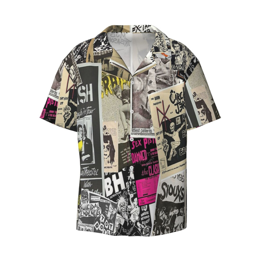 (Punk Flyers Collage_9293) Men's Hawaiian Shirts Cuban Collar Vintage Bowling Short Sleeve Button Down Beach Shirt Casual Summer Vacation Wear Retro Tee