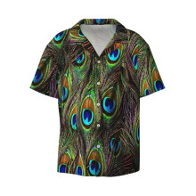 (Peacock Feathers Invasion_5601) Men's Hawaiian Shirts Cuban Collar Vintage Bowling Short Sleeve Button Down Beach Shirt Casual Summer Vacation Wear Retro Tee