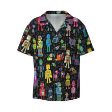 (Robots In Space - Black - Fun Pattern By Cecca Designs_9472) Men's Hawaiian Shirts Cuban Collar Vintage Bowling Short Sleeve Button Down Beach Shirt Casual Summer Vacation Wear Retro Tee