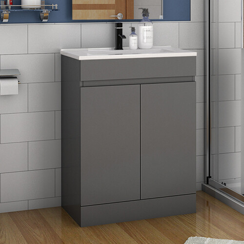 600mm Matte Grey Bathroom Vanity Unit with Extra-Deep Ceramic Basin | 2 Soft-Close Doors | Freestanding