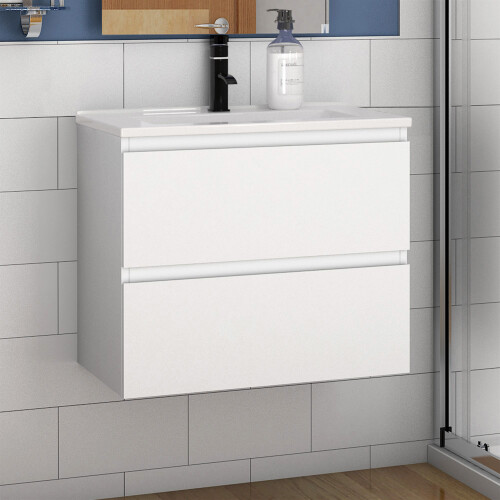 600mm Modern Storage Vanity Unit Ceramic Basin Wall Hung with 2 Soft Closing Drawers Matte White