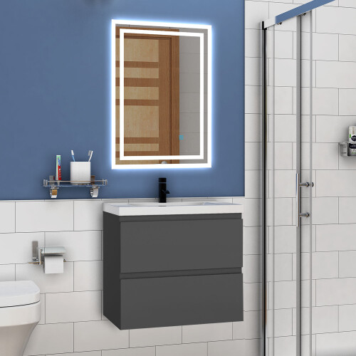 600mm Modern Storage Vanity Unit Ceramic Basin Wall Hung with 2 Soft Closing Drawers Gloss Grey 1