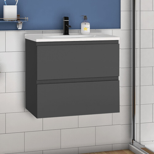 600mm Modern Storage Vanity Unit Ceramic Basin Wall Hung with 2 Soft Closing Drawers Gloss Grey