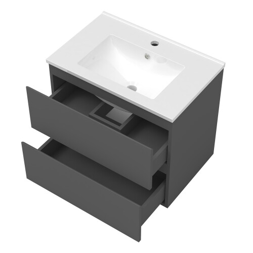 600mm Modern Storage Vanity Unit Ceramic Basin Wall Hung with 2 Soft Closing Drawers Gloss Grey 2