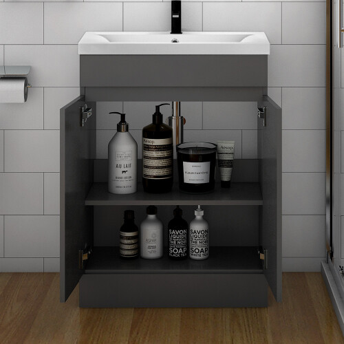 600mm Floor Standing 2 Doors Bathroom Vanity Unit with Thick Ceramic Basin,Gloss Grey - Ceramic Basin 1
