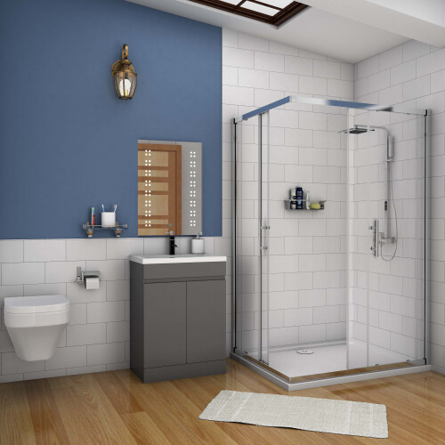 600mm Floor Standing 2 Doors Bathroom Vanity Unit with Thick Ceramic Basin,Gloss Grey - Ceramic Basin 2