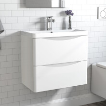 600mm Gloss White Wall Hung Bathroom Vanity Unit with 2 Drawers & Basin | Space-Saving Modern Design | Soft-Close | Handleless