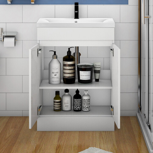 600mm Free Standing 2 Doors Bathroom Vanity Unit with Thick Ceramic Basin,Gloss White - Ceramic Basin 1