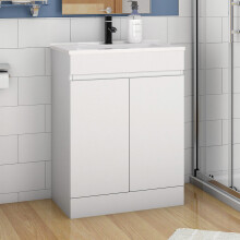 600mm Gloss White Bathroom Vanity Unit with Ceramic Basin | Extra-Deep 190mm Bowl | 2 Soft-Close Doors | Freestanding
