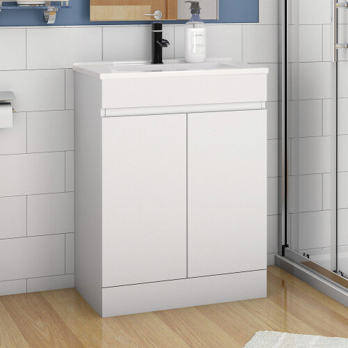 600mm Gloss White Bathroom Vanity Unit with Ceramic Basin | Extra-Deep 190mm Bowl | 2 Soft-Close Doors | Freestanding