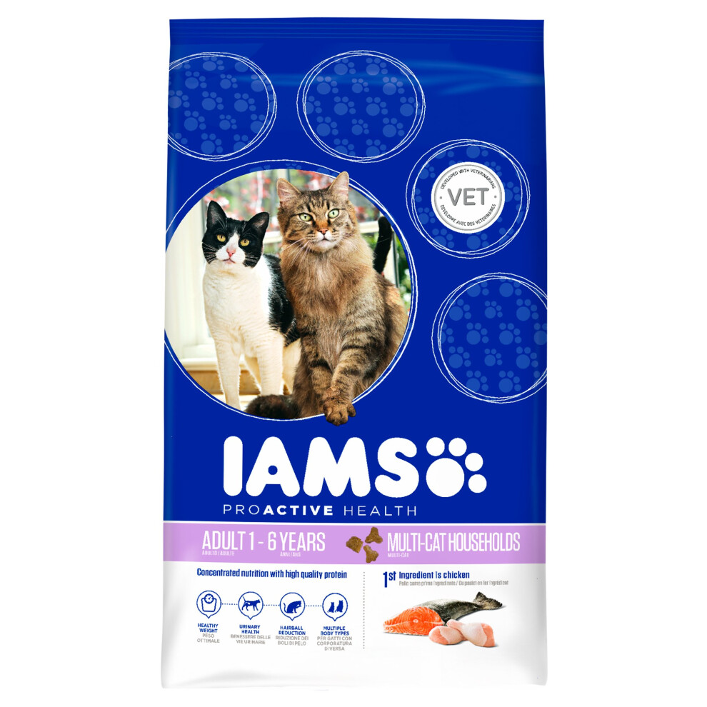 IAMS ProActive Health Comida para gatos adultos y senior, para hogares con varios gatos, con salm?n y pollo, 15 kg
