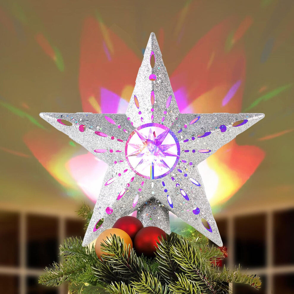 Tepenar Christmas Tree Topper: Christmas Star Tree Topper Built-In Led Rotating Lights With Scroll Design 3D Glitter Dynamic Projection For Xmas Tree