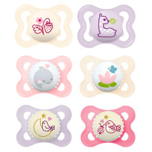 MAM Day and Night Silicone Dummies 0-6 Months GIRL Pack of 6 incl. 3 travel boxes