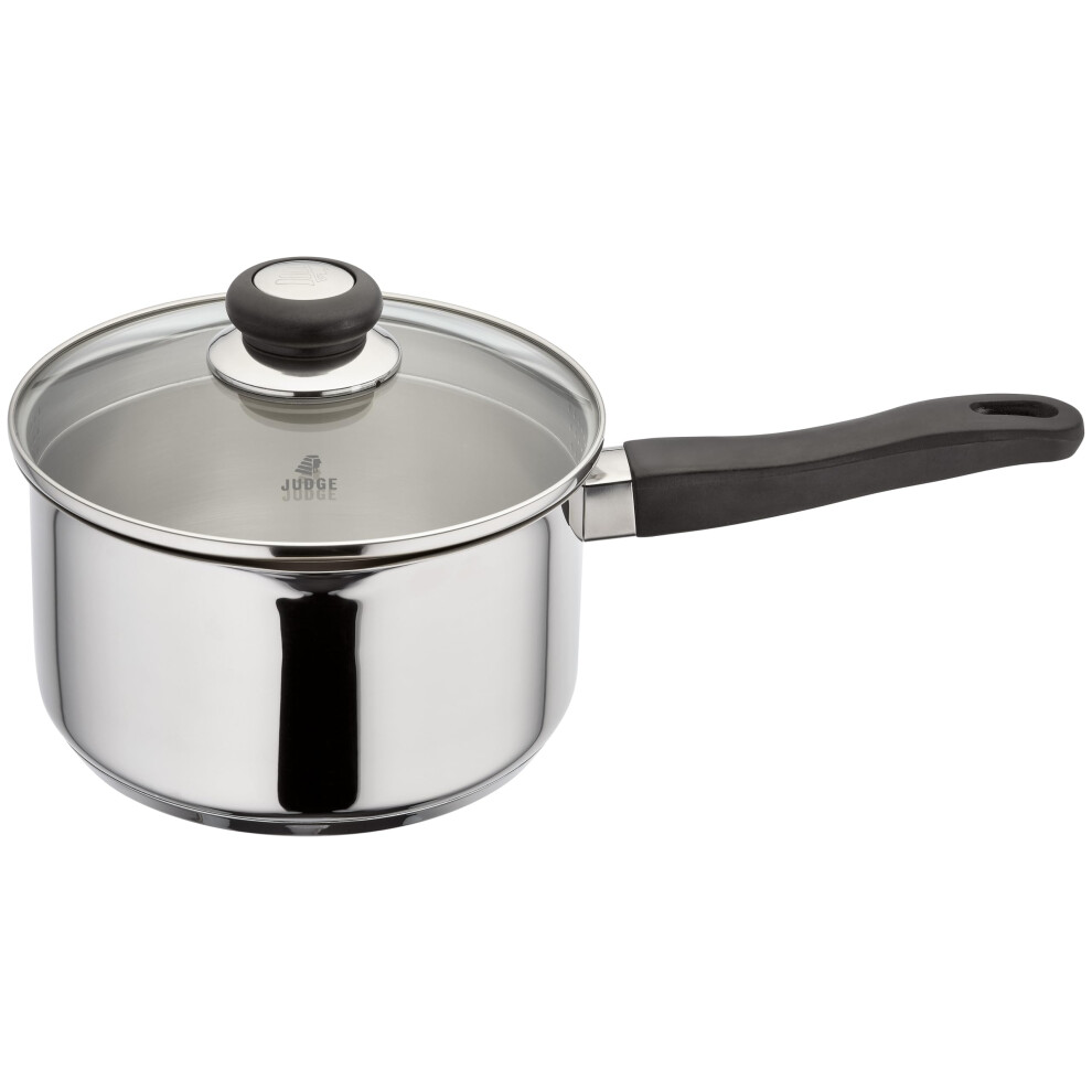 Judge Vista Draining Stainless Steel Large Saucepan with Pouring Lip 20cm 3L, Shatterproof Glass Strain & Pour Lid, Induction Ready, Oven Safe