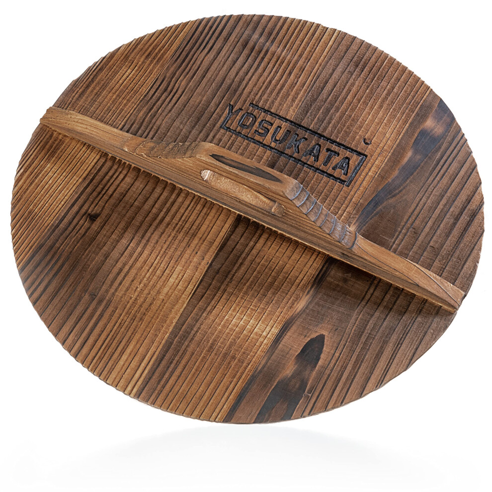 YOSUKATA Cast Iron Wok Cover - Premium Wok Cover 34 cm - Pan Lid - Wooden Wok Lid 34 cm in with Ergonomic Handle - Condensate-Free 34 cm Pan Lid -