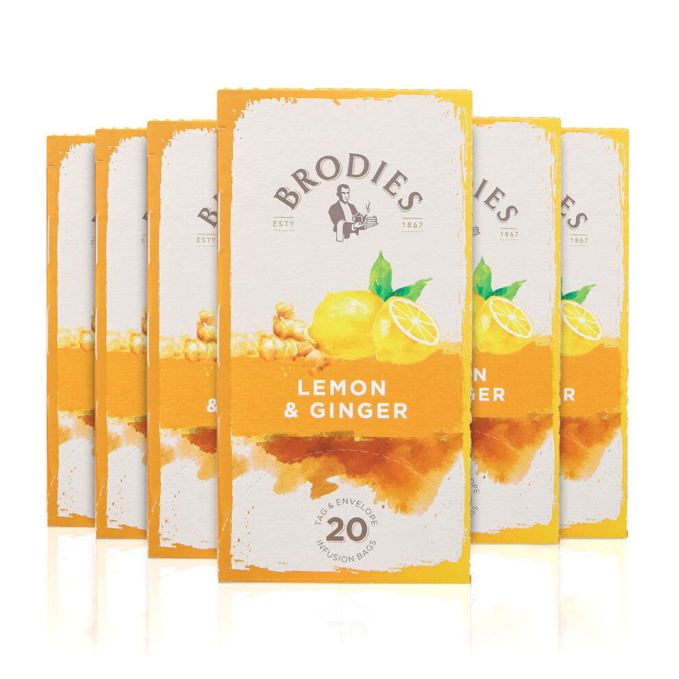 Brodies Lemon & Ginger Tag And Envelope - 6 Tea Boxes Of 20 Tea Bags Each (120 Tea Bags) - Revitalising Infusion Based On Lemon And Ginger. Caffeine