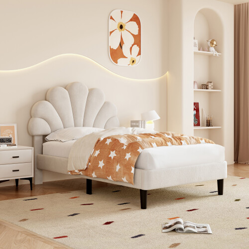 (3ft Single, Beige) Double Upholstered Velvet Bed 1