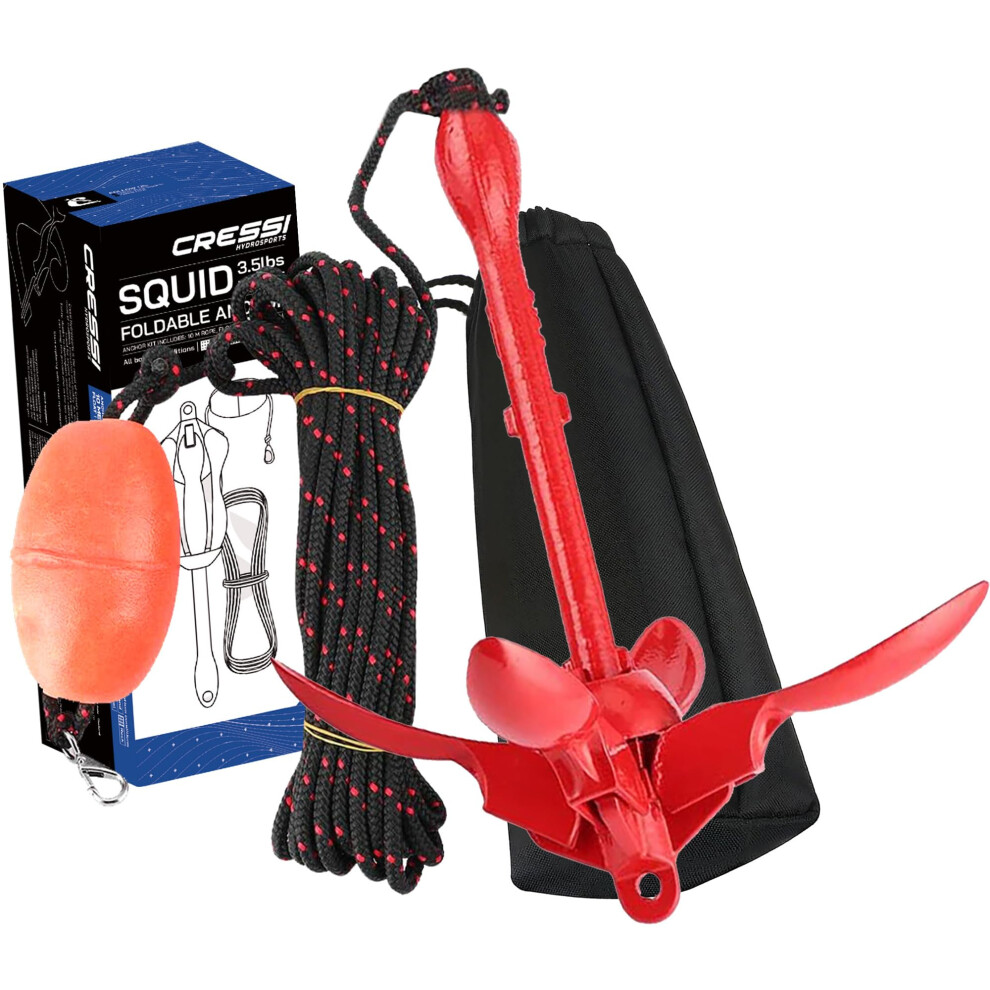 Cressi Squid Foldable Anchor Set - Foldable Anchor + 10m of rope with Float and Hooking Carabiner, for SUPs, Kayaks and Small Inflatable Boats, Red,