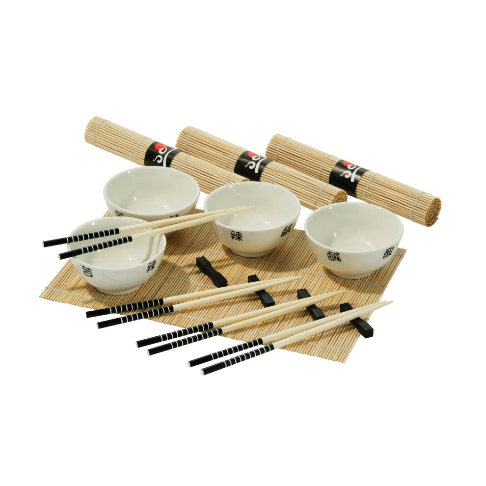 Premier Housewares Chinese Dinner Sets Ramen Bowl Dinner Set for 4 Plate sets Set (4 White Noodle Bowl/4 Chopsticks/4 Rests/4 Mats) 16 Pieces