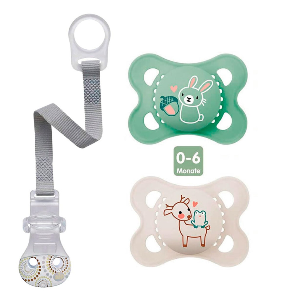 MAM "Skin Soft" silicone dummy 0 - 6 Months Neutral // Set of 2 // incl. Sterilising transport box and NIP dummy strap