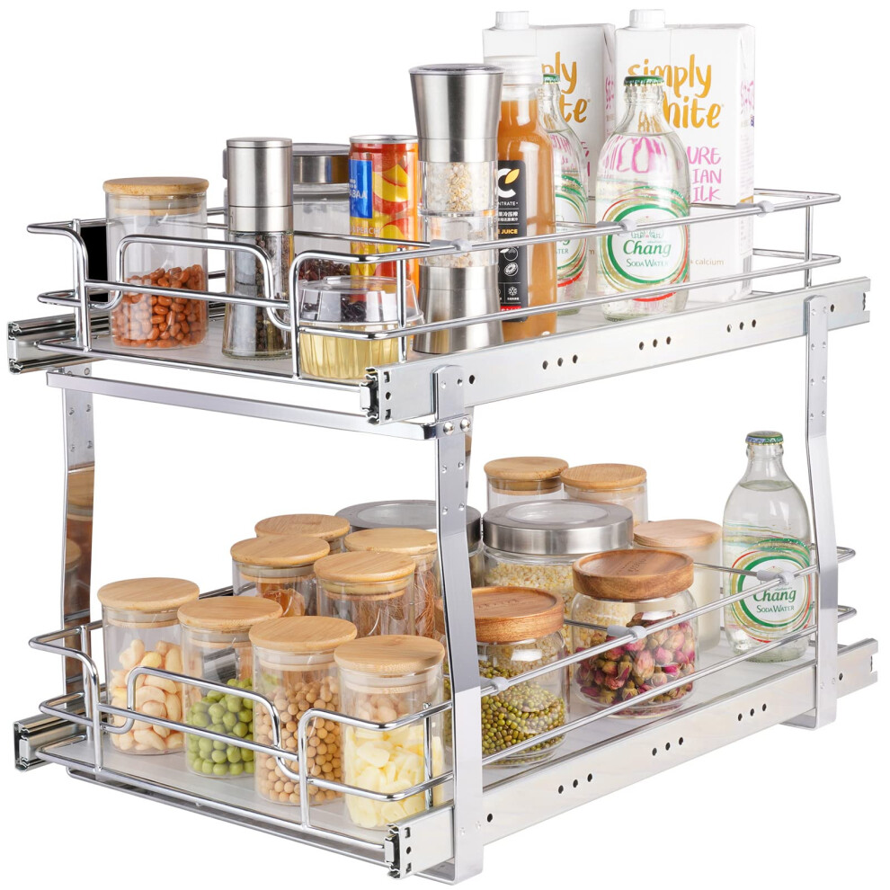 VEVOR 2 Tier 13"Wx21"D Pull Out Cabinet Organizer, Heavy Duty Slide Out Pantry Shelves, Chrome-Plated Steel Roll Out Drawer, Drawer Storage for Inside