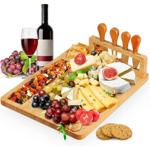 Bamboo Cheese Board Set with Cutlery Wooden Charcuterie Tray Platter Including 4 Stainless Steel Knife and Serving Utensils, Gift Idea for Birthdays,