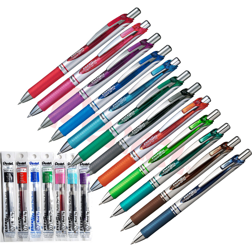 Pentel Energel XM BL77 Retractable Gel Pen 0.7mm 12 Colours + 12 Refills in Matching Colours