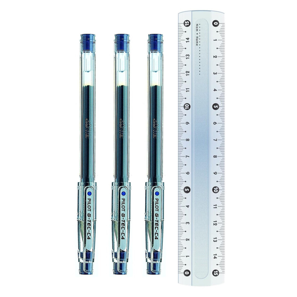 Pilot G-Tec C4 Rollerball Pen Gel Micro 0.4 mm Tip Fineliner Blue (Pack of 3 + Free Ruler)