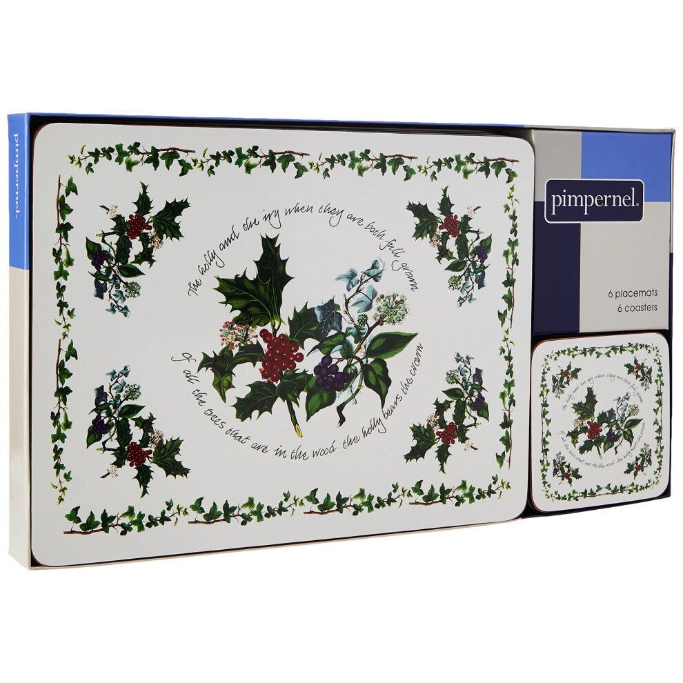 Pimpernel The Holly and The Ivy Set of 6 Placemats and Set of 6 Coasters, Wood with cork backing, 30.5 x 23cm & 10.5 x 10.5cm