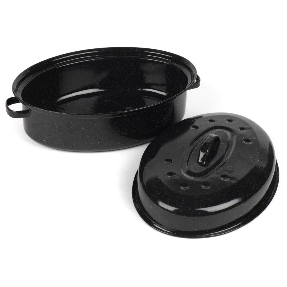 Salter BW12811EU7 Self-Basting Roaster ? 38cm Vitreous Enamel Coated Steel Roasting Tin With Lid, Oval Dish, PFAS-Free, Dishwasher Safe, Oven Safe to