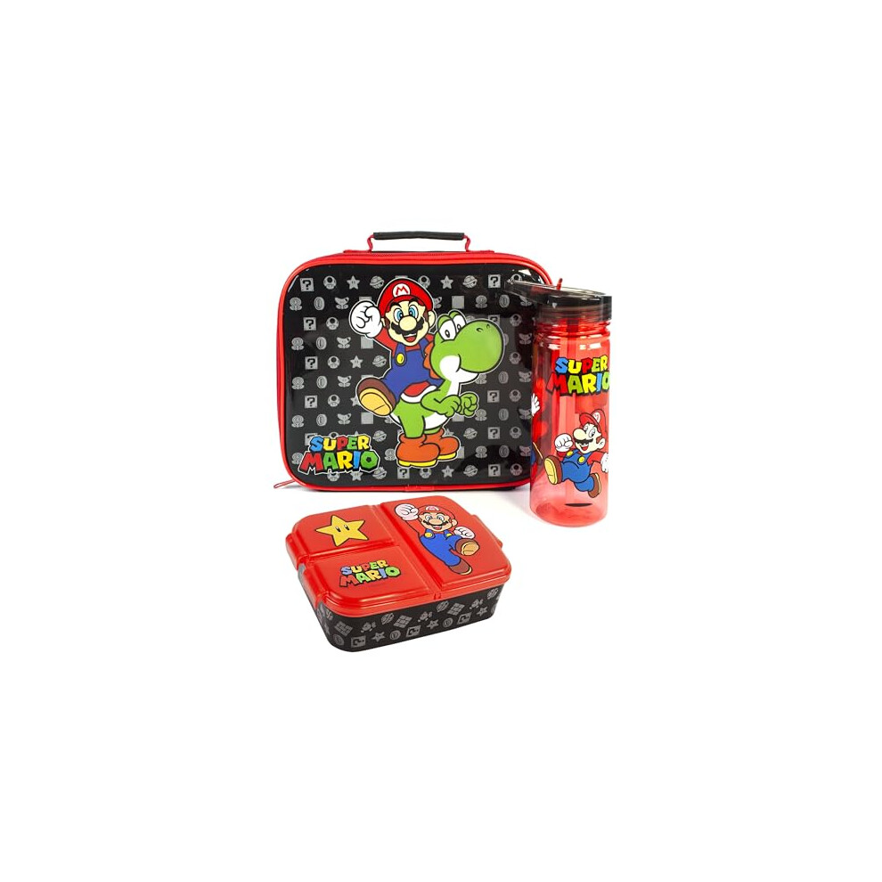 Super Mario Lunch Box Set for Kids | Yoshi Childrens School Food Bag, BPA Free Water Bottle 580ML & Snack Pot | Gamer Merchandise Gifts One Size