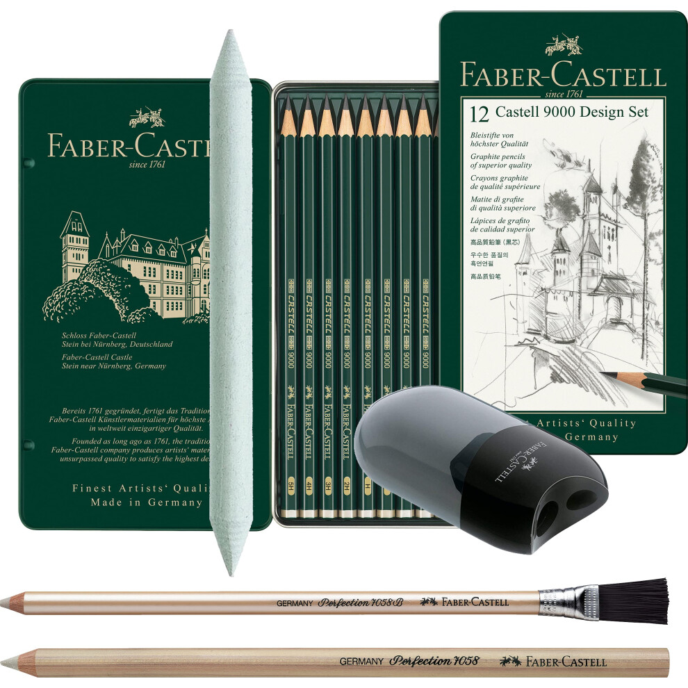 Faber-Castell Castell 9000 119064 Pencil Set of 12 Contents: 5B - 5H + 2 Eraser Pens, Stumps and Sharpener Tin