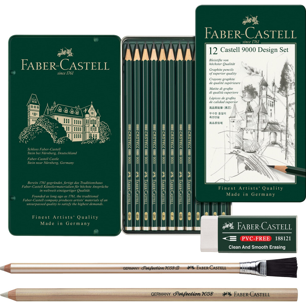Faber-Castell Castell 9000 119064 Pencil Set of 12 Design 5B - 5H + 2 Different Erasers and PVC-Free Erasers
