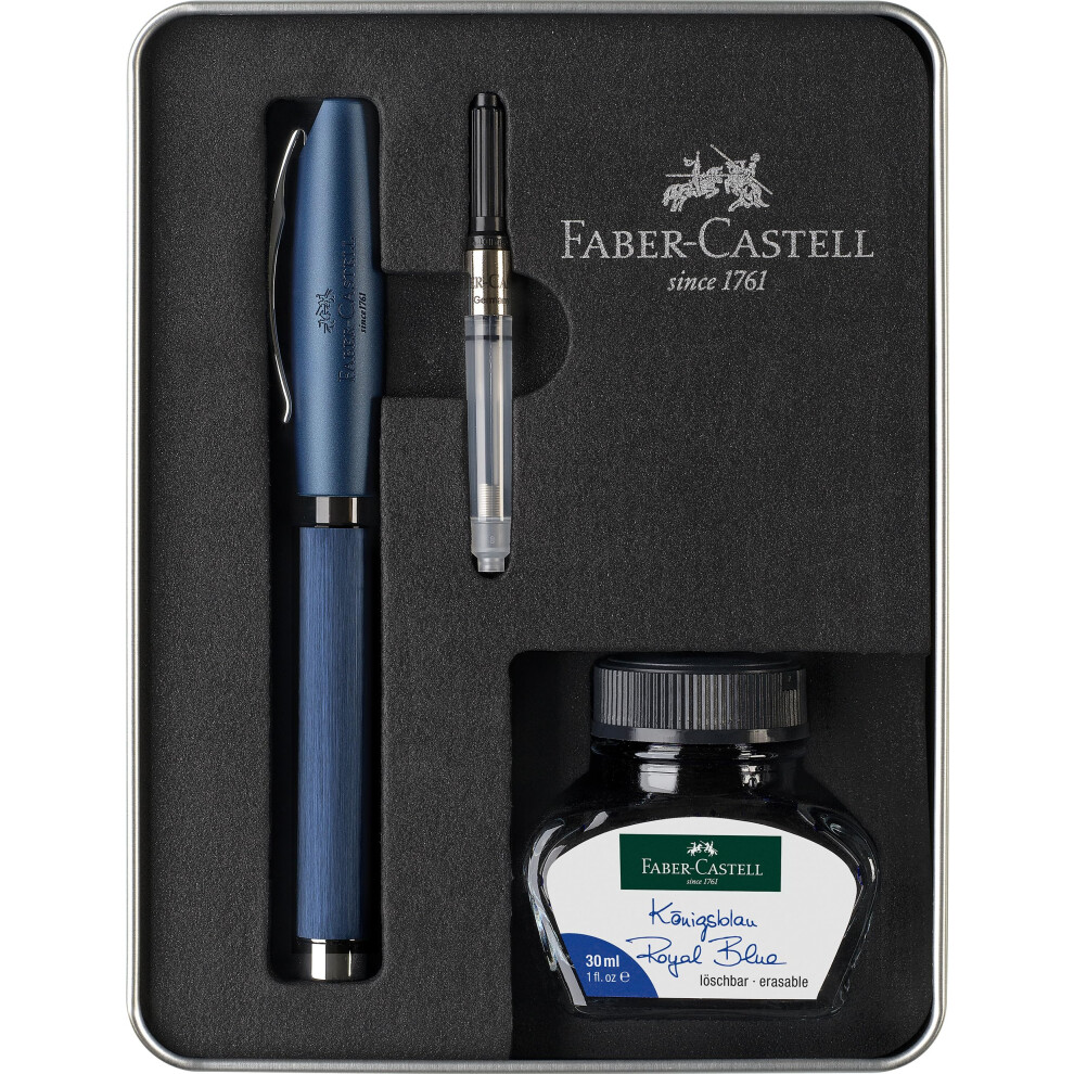 Faber-Castell Essentio 149625 Writing Set Aluminium Blue with Fountain Pen M, Ink Bottle 30 ml and Converter