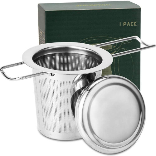 Tea Infuser 304 Stainless Steel with Lid and Foldable Handle-Silver