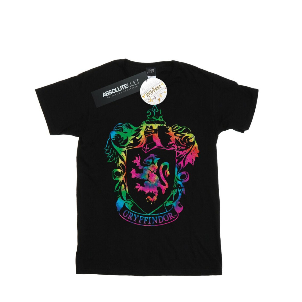 (12-13 Years, Black) Harry Potter Girls Gryffindor Crest Tie Dye Infill Cotton T-Shirt